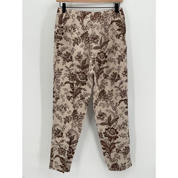 Charter Club Linen Pants Women 4 Petite Tan Brown Floral High‎ Waist Tapered - Picture 2 of 12